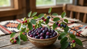 Clusters of ripe dark purple serviceberries (Amelanchier) hanging from a native shrub in midsummer in the midwestern United States
