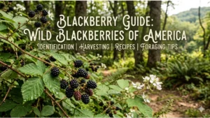 Clusters of ripe wild blackberries growing on thorny canes along a forest edge in the eastern United States