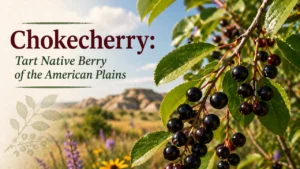 Dense clusters of dark red-black ripe chokecherries (Prunus virginiana) hanging from a native shrub in late summer across the American plains
