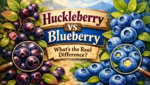 Side by side comparison of fresh huckleberries and blueberries showing size and color differences