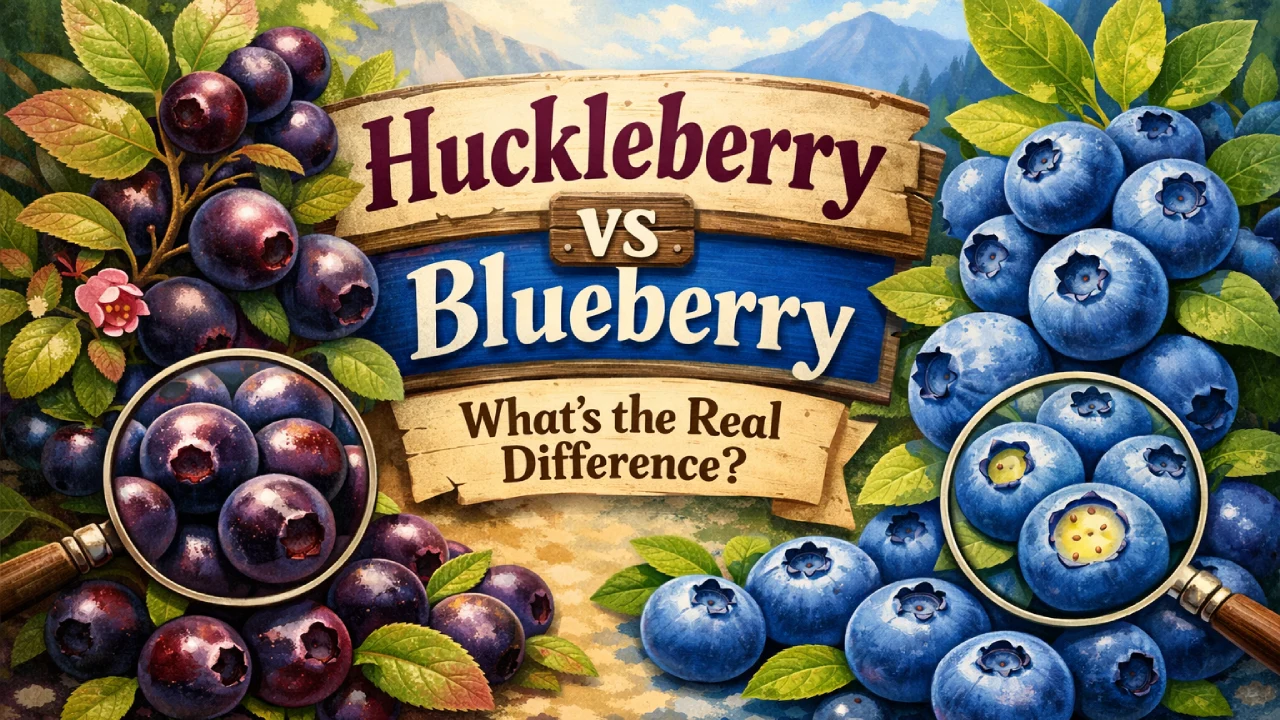 Side by side comparison of fresh huckleberries and blueberries showing size and color differences