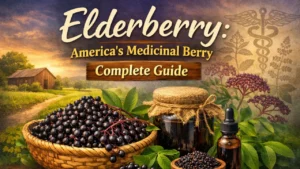 The definitive elderberry guide — proven immune benefits, elderberry syrup recipe, safety warnings about raw berries, native American species, nutrition facts, and where to find or grow elderberries.