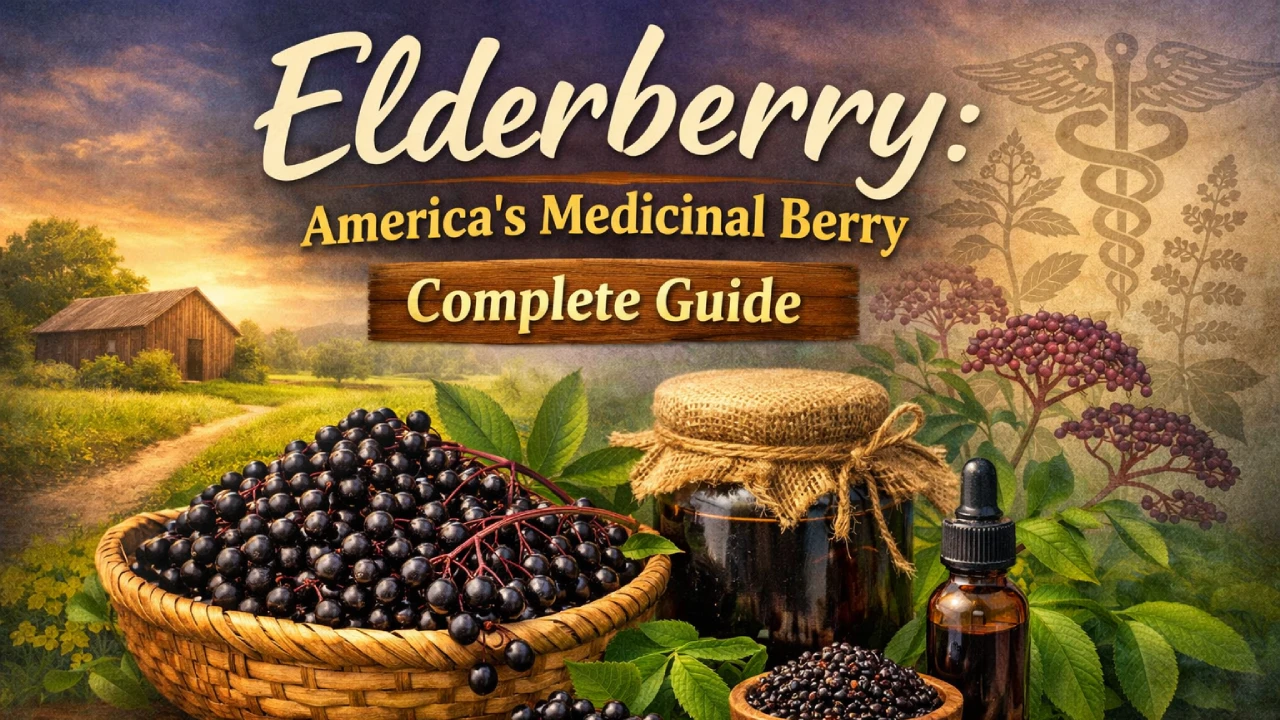 The definitive elderberry guide — proven immune benefits, elderberry syrup recipe, safety warnings about raw berries, native American species, nutrition facts, and where to find or grow elderberries.