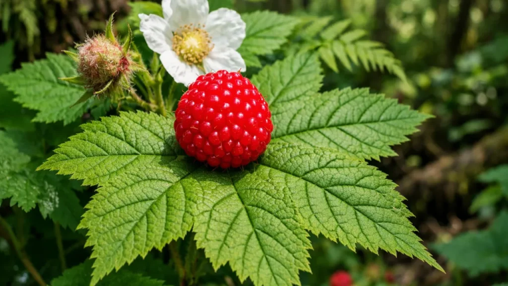 Bright red ripe thimbleberry (Rubus parviflorus) fruit on a large maple-shaped leaf in a Pacific Northwest forest understory