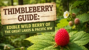 right red ripe thimbleberry (Rubus parviflorus) fruit on a large maple-shaped leaf in a Pacific Northwest forest understory