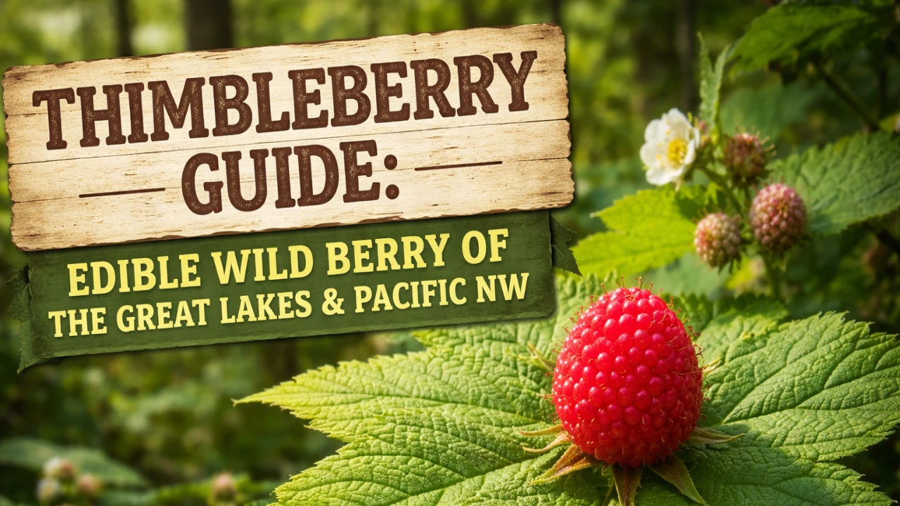 right red ripe thimbleberry (Rubus parviflorus) fruit on a large maple-shaped leaf in a Pacific Northwest forest understory