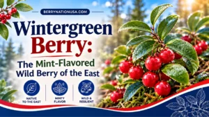 Bright red wintergreen berries (Gaultheria procumbens) nestled among small glossy evergreen leaves in a northeastern forest floor