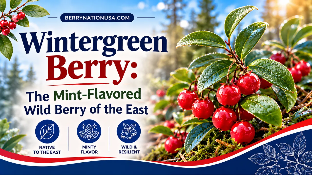 Bright red wintergreen berries (Gaultheria procumbens) nestled among small glossy evergreen leaves in a northeastern forest floor